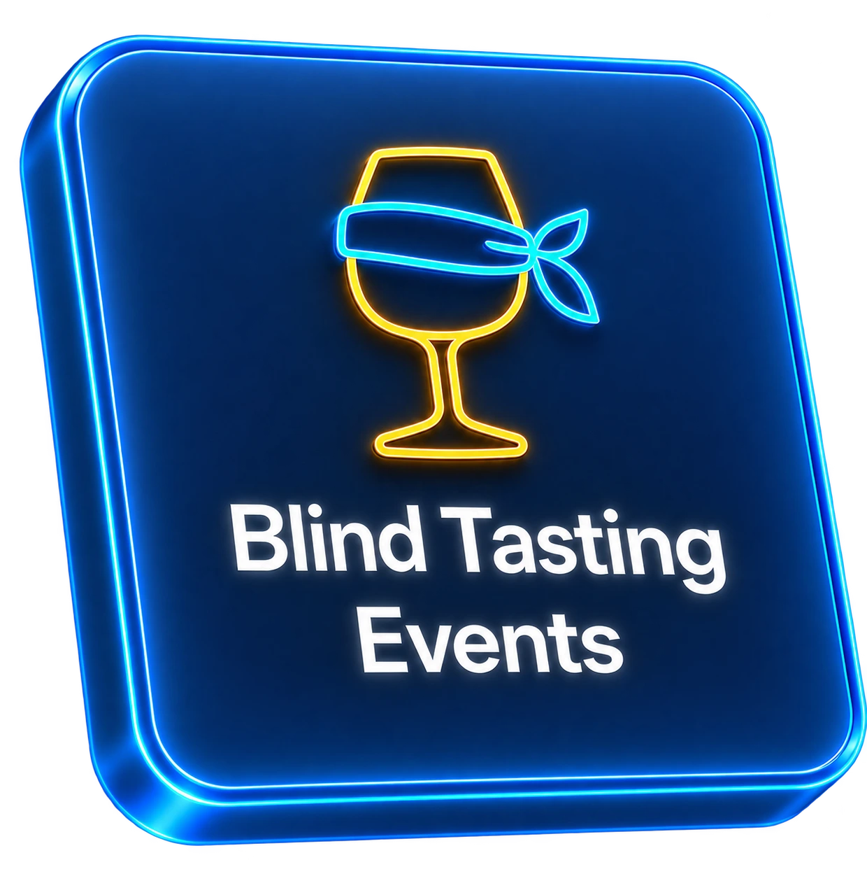 Blind Tastings icon card with a neon wine glass wearing a blindfold
