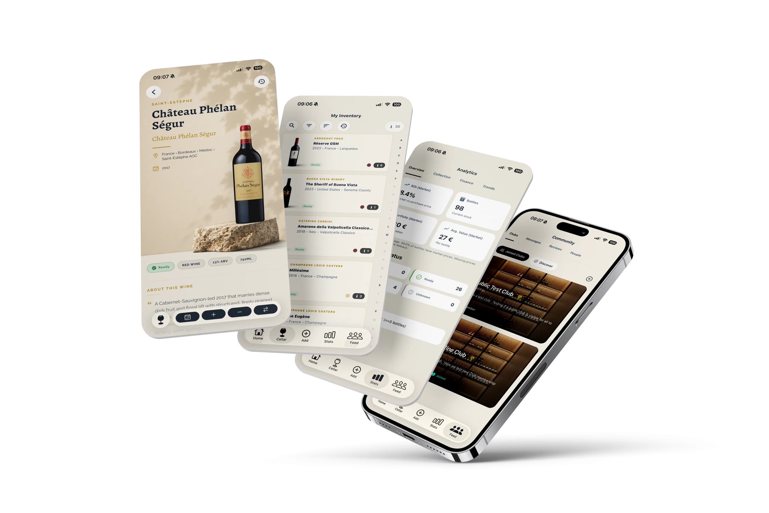 Vinius iPhone app screens: a wine detail page, the inventory list, portfolio analytics and the community feed