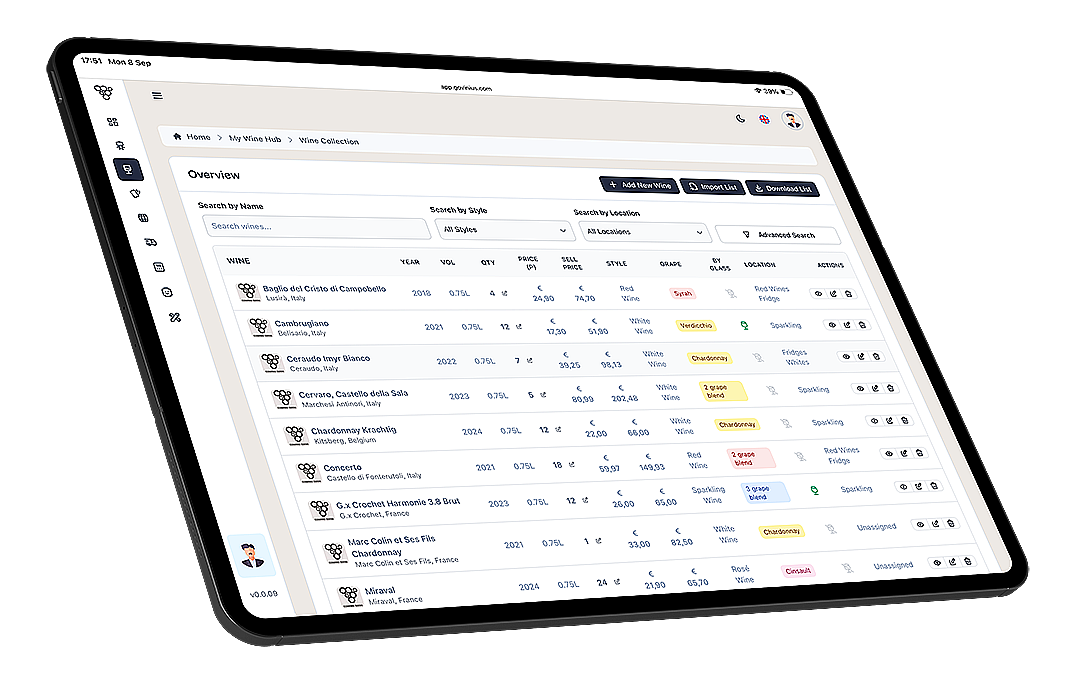 Vinius inventory dashboard showing lots, movements and pour history